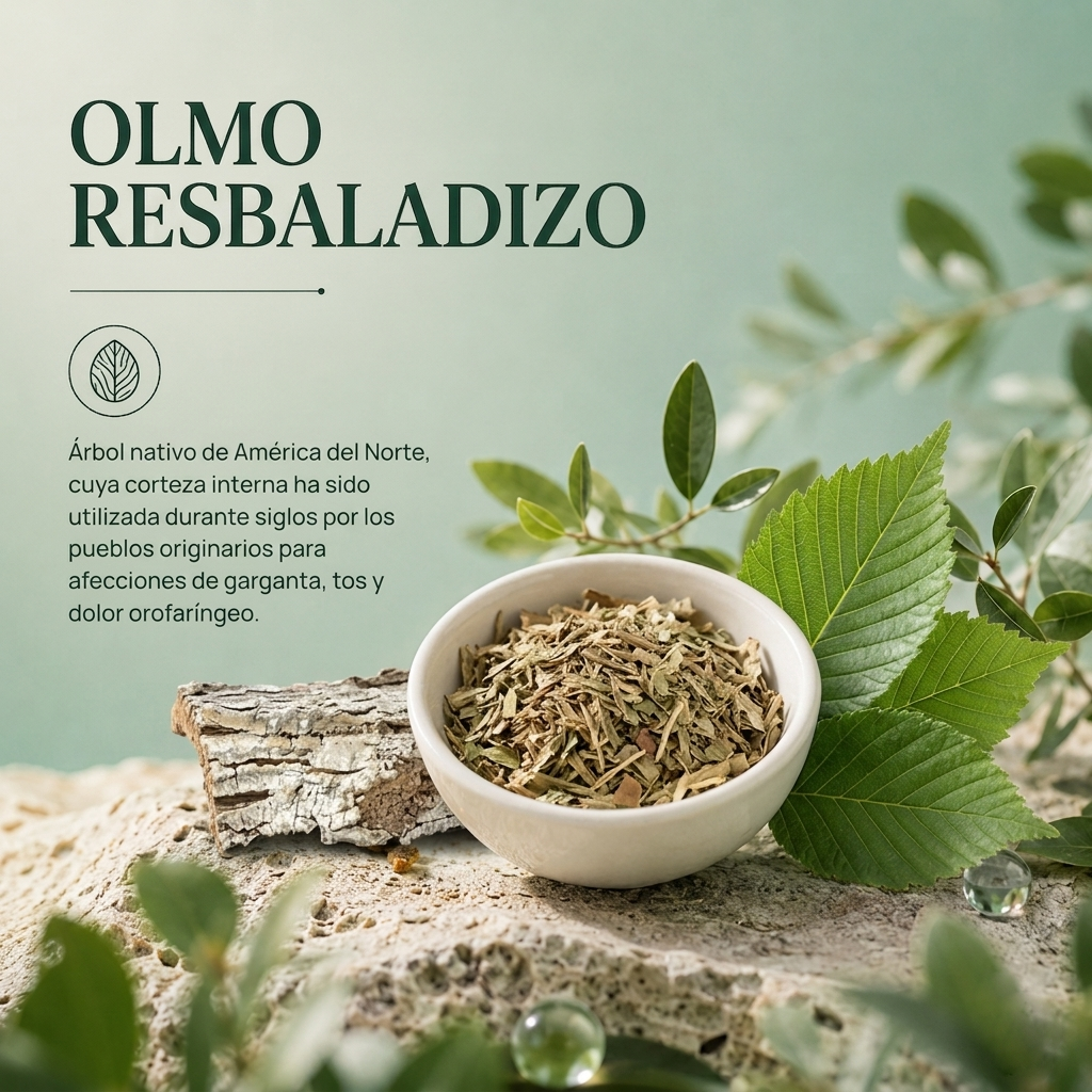 El olmo resbaladizo (Ulmus rubra) es un árbol caducifolio nativo del centro y este de América del Norte, cuya corteza<br />
interna ha sido utilizada durante siglos por los pueblos originarios de la región — y posteriormente adoptada por los<br />
colonos europeos — para el tratamiento de afecciones de garganta, tos y dolor orofaríngeo.