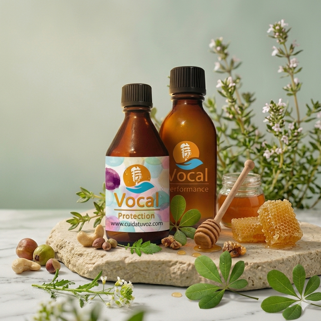 Vocal Protection Gotas x 60ml + Jarabe x 125 ml • Aclara la voz combatiendo efectivamente la afonía. Previene la fatiga vocal.• Mejora la potencia vocal.• Disminuye en un 80% los tiempos de calentamiento vocal.• Relaja la tensión del aparato fonador y disuelve el exceso de mucosidades que se asientan sobre las cuerdas vocales.• Mejora el control vocal; mantiene lubricación y humectación del aparato fonador.• Inhibe los efectos de los cambios bruscos de temperatura ambiental.