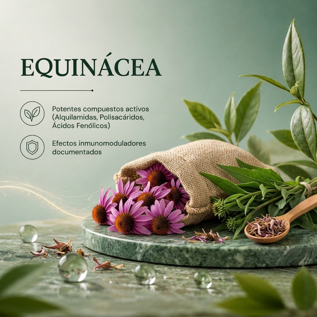 La equinácea es la planta más estudiada del mundo en el contexto de infecciones respiratorias altas. Sus componentes<br />
activos principales — alquilamidas, polisacáridos y ácidos fenólicos — ejercen efectos inmunomoduladores<br />
documentados en numerosos ensayos clínicos aleatorizados
