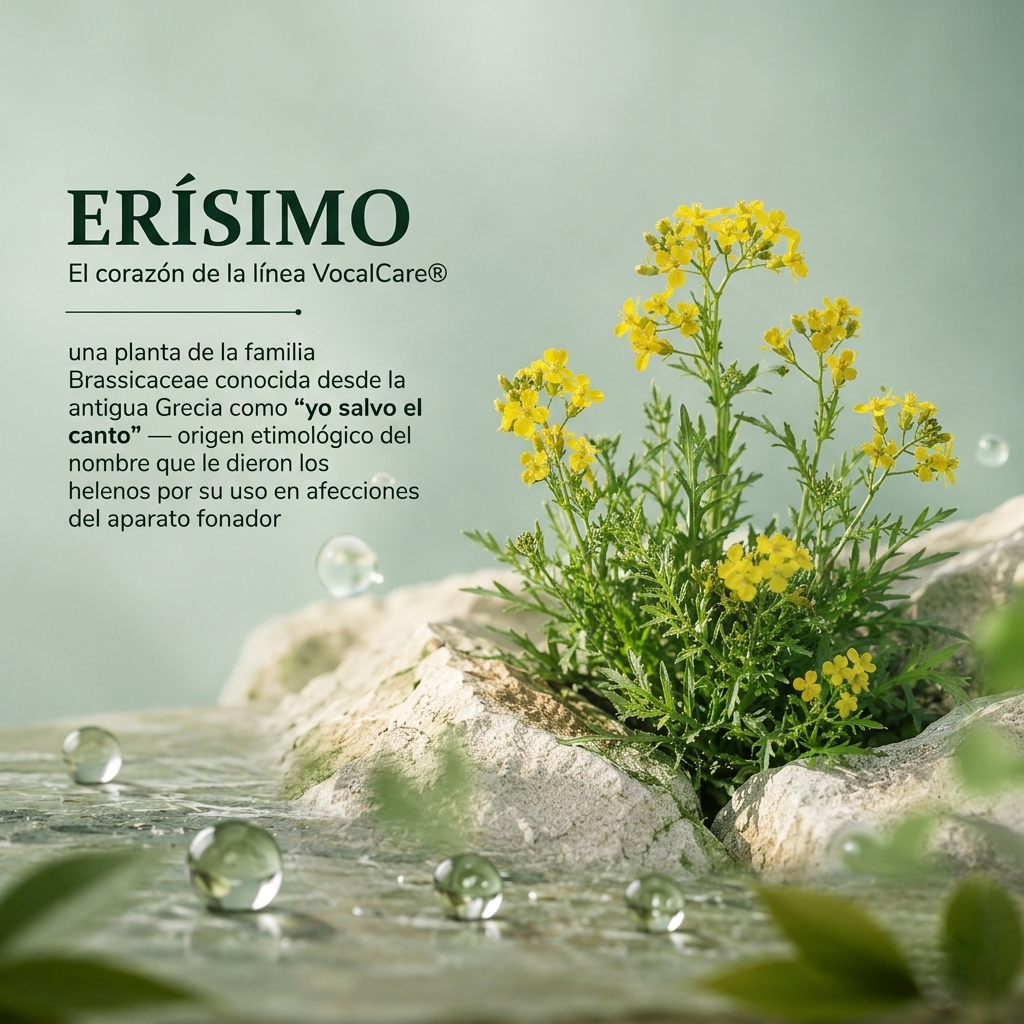 ERÍSIMO<br />
Sisymbrium officinale (L.) Scop. · El corazón de la línea VocalCare®<br />
El corazón de la línea VocalCare®<br />
El erísimo es una planta de la familia Brassicaceae conocida desde la antigua Grecia como "yo salvo el canto" — origen<br />
etimológico del nombre que le dieron los helenos por su uso en afecciones del aparato fonador. En Francia fue llamada<br />
hierba de los cantores (herbe aux chantres), y el rey Luis XIV la consideraba remedio infalible para la afonía.<br />
Una célebre anécdota recogida en la obra de Fournier narra el caso de un solista del coro de Notre-Dame de París que<br />
llevaba seis meses sin voz y había contemplado el retiro: tras el tratamiento con tintura e infusiones de erísimo, no solo<br />
recuperó la voz sino que elevó tres semitonos su registro vocal.