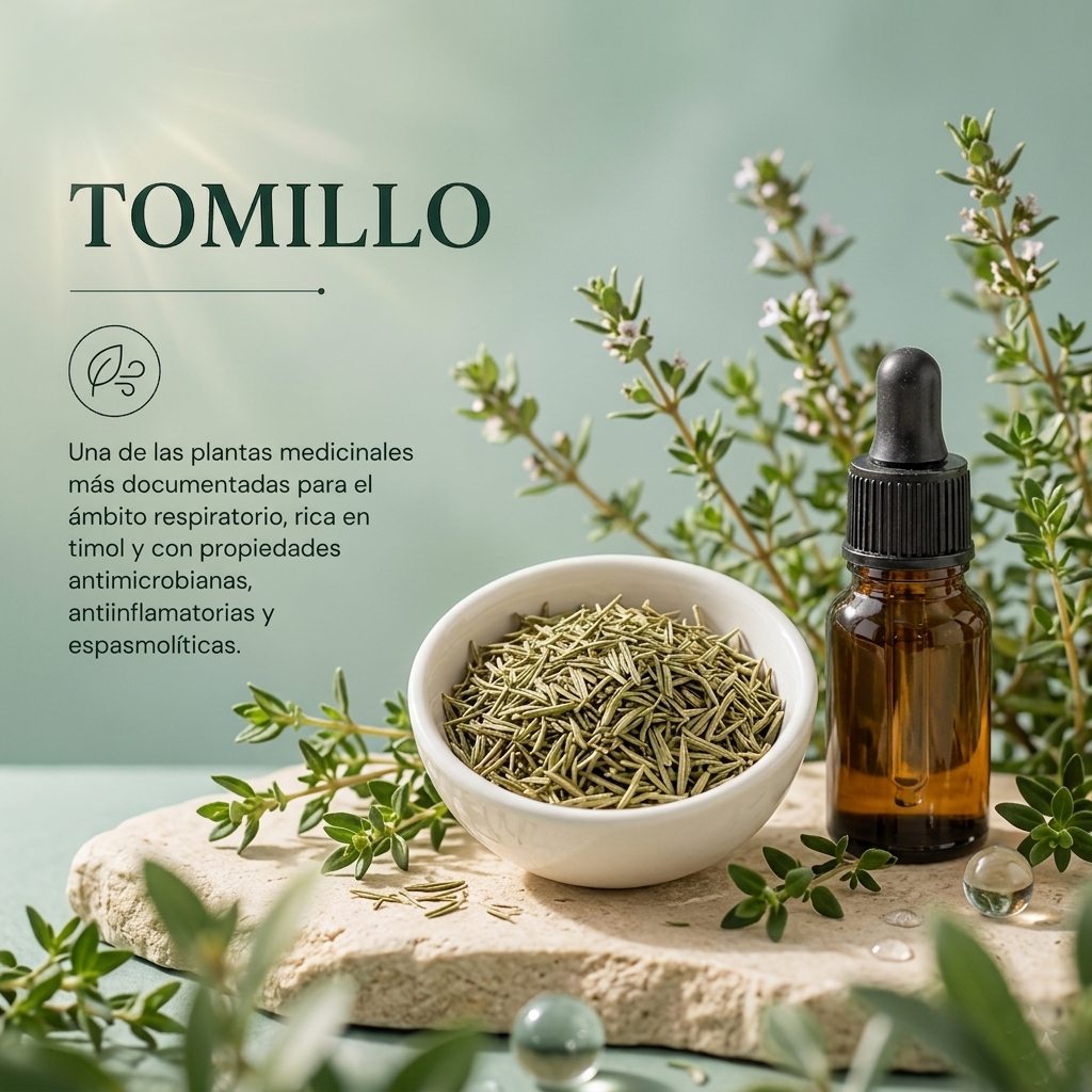 El tomillo es una de las plantas medicinales con mayor documentación científica acumulada en el ámbito respiratorio. Su<br />
componente activo principal es el timol — un monoterpeno fenólico presente en el aceite esencial — al que se atribuyen<br />
propiedades antimicrobianas, antiinflamatorias, inmunomoduladoras, antioxidantes y espasmolíticas.